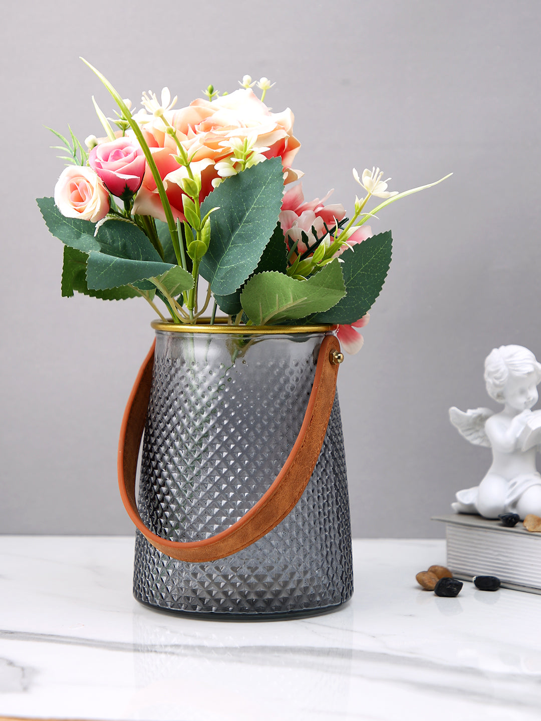 Midnight Luxe Grey & Brown Textured Glass Lantern Flower Vase With Handle