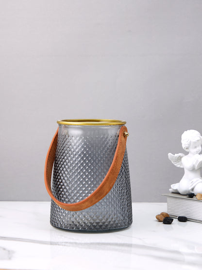 Midnight Luxe Grey & Brown Textured Glass Lantern Flower Vase With Handle