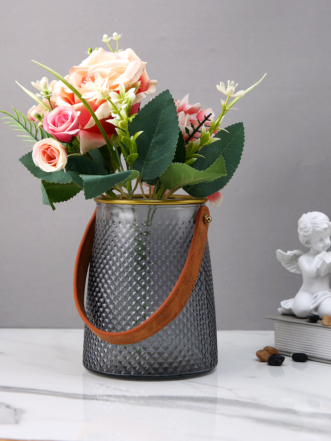 Midnight Luxe Grey & Brown Textured Glass Lantern Flower Vase With Handle