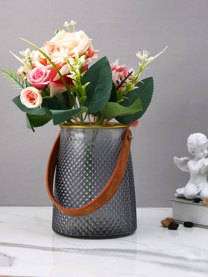 Midnight Luxe Grey & Brown Textured Glass Lantern Flower Vase With Handle