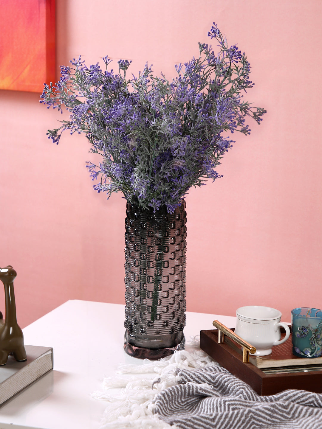 Charcoal-Grey Woven Textured Glass Flower Vase