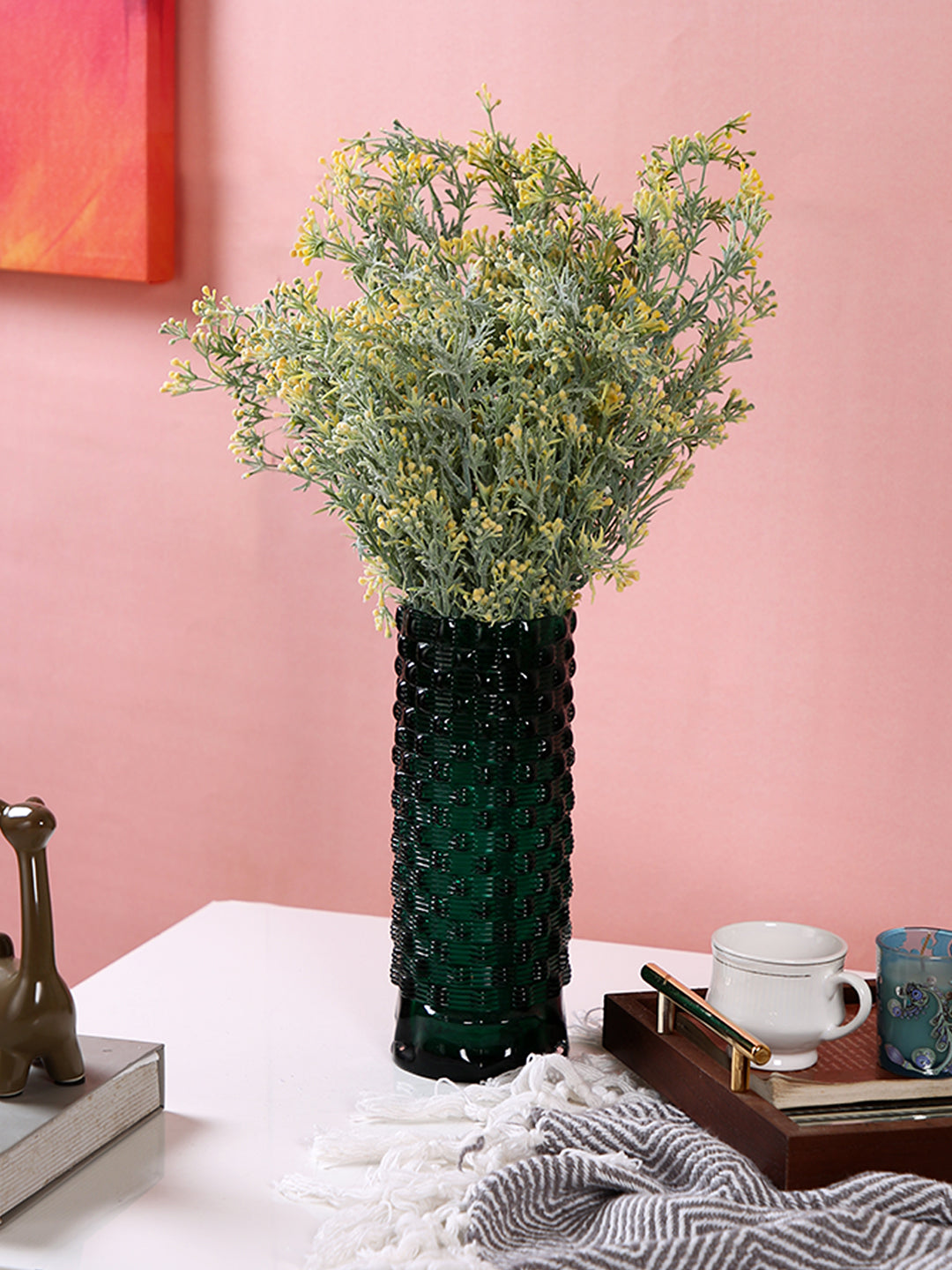 Emerald Green Textured Glass Flower Vase