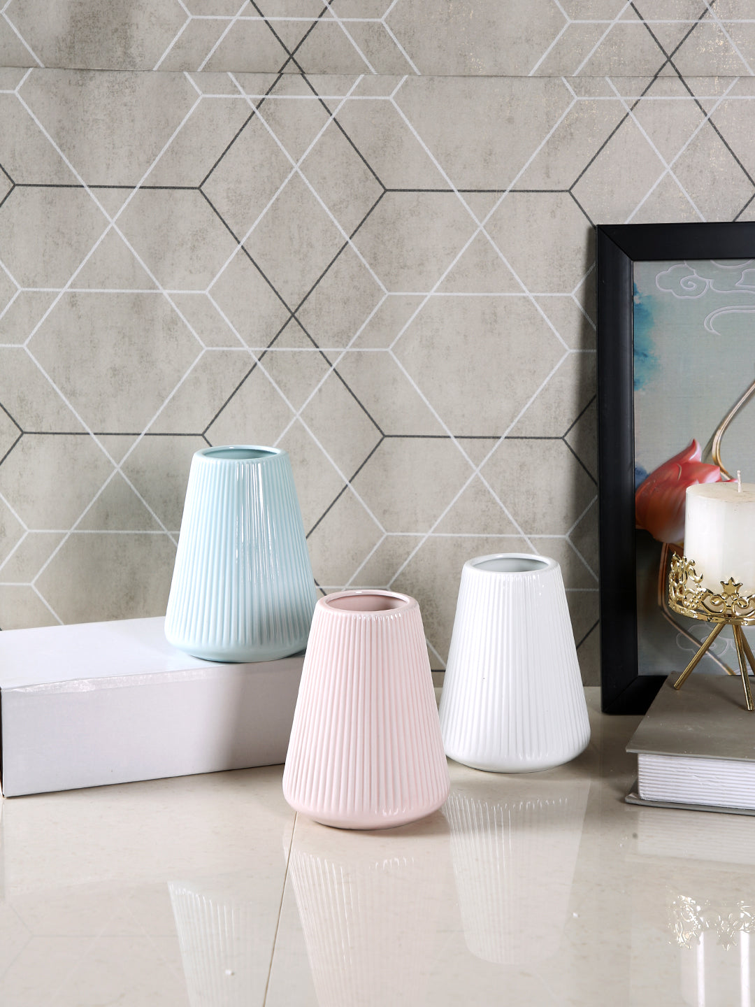 3 Pieces White & Pink Striped Ceramic Flower Vases