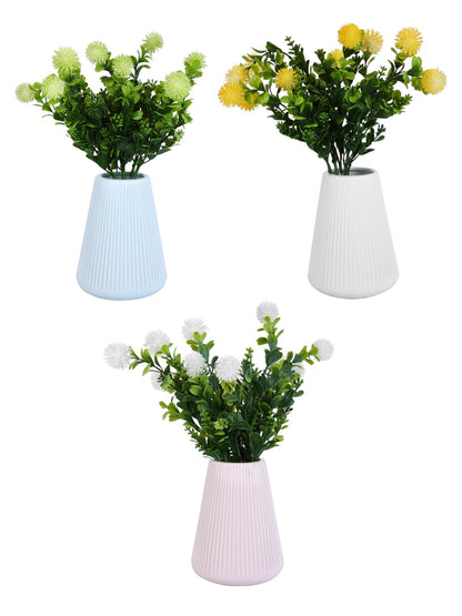 3 Pieces White & Pink Striped Ceramic Flower Vases