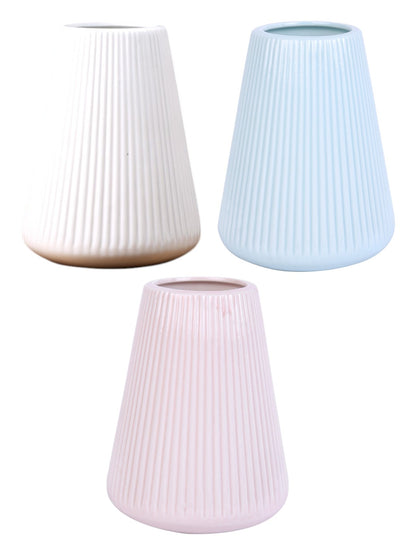 3 Pieces White & Pink Striped Ceramic Flower Vases