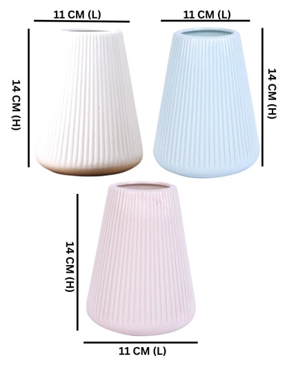 3 Pieces White & Pink Striped Ceramic Flower Vases