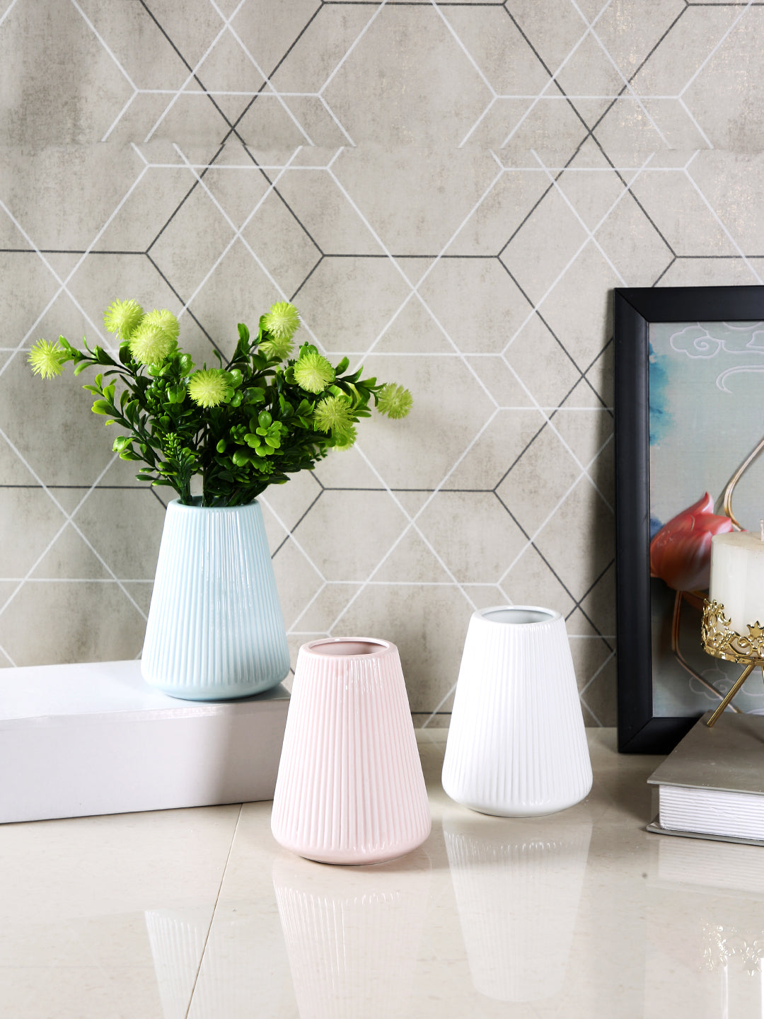 3 Pieces White & Pink Striped Ceramic Flower Vases