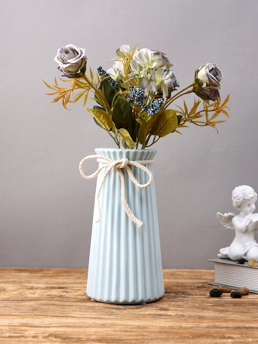 Azure Charm Blue & Beige Striped Ceramic Rope Flower Vase