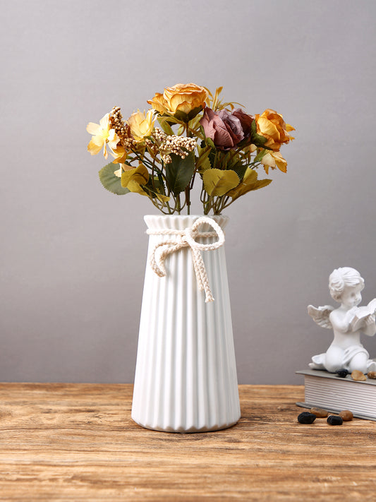 Classic Elegance White Striped Ceramic Rope Flower Vase