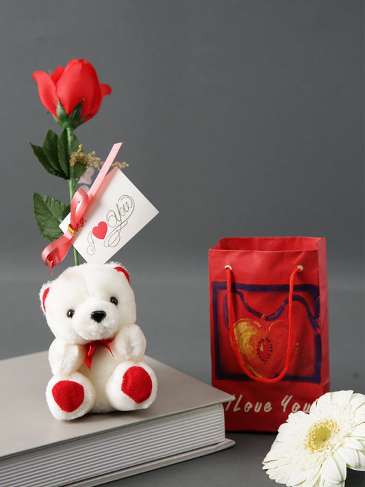 Cuddly Teddy with Beautiful Rose and a Card
