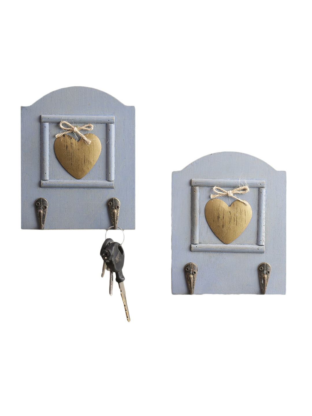 Set of 2 Sky Blue Hand painted Wall Hooks with Brass Heart Accent (2 Keys)