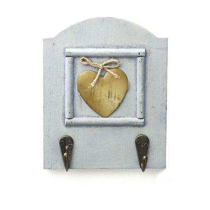 Set of 2 Sky Blue Hand painted Wall Hooks with Brass Heart Accent (2 Keys)