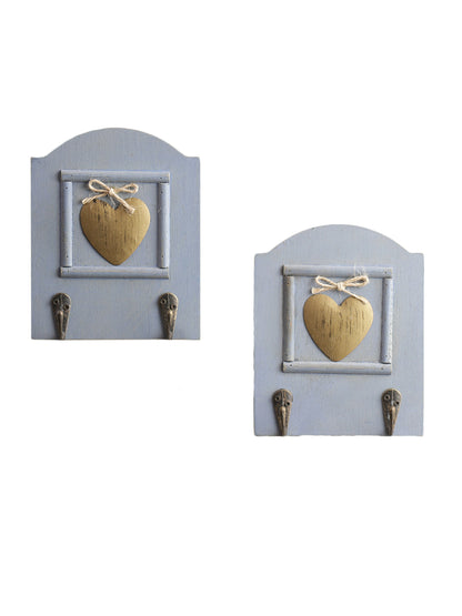 Set of 2 Sky Blue Hand painted Wall Hooks with Brass Heart Accent (2 Keys)