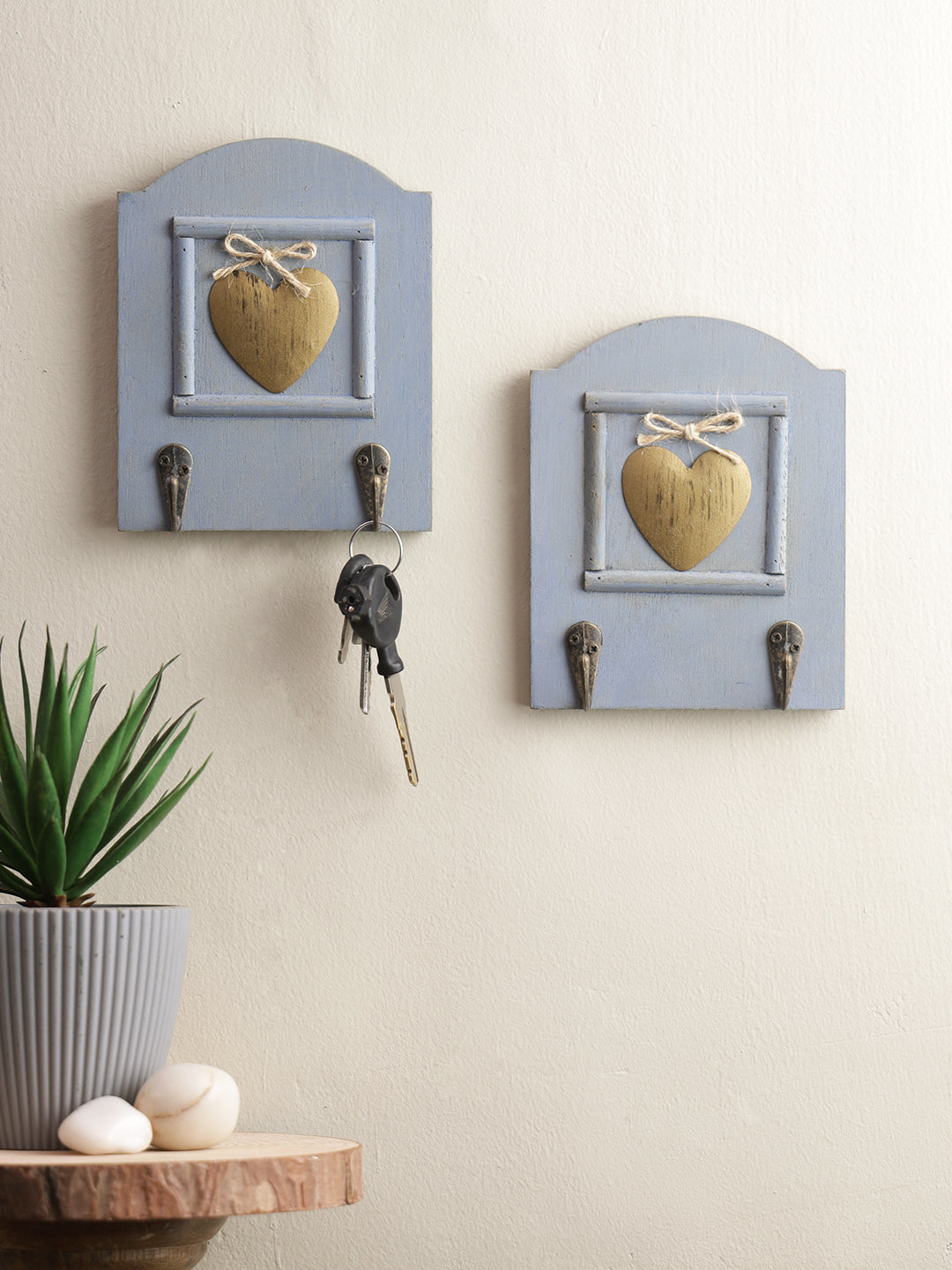 Set of 2 Sky Blue Hand painted Wall Hooks with Brass Heart Accent (2 Keys)