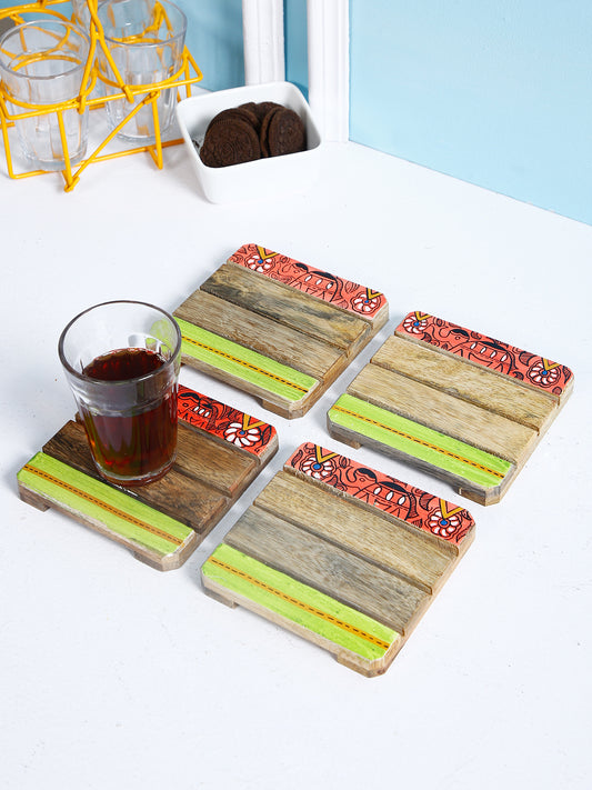 Wooden Handpainted Square Liner Cut Coasters - Set Of 4