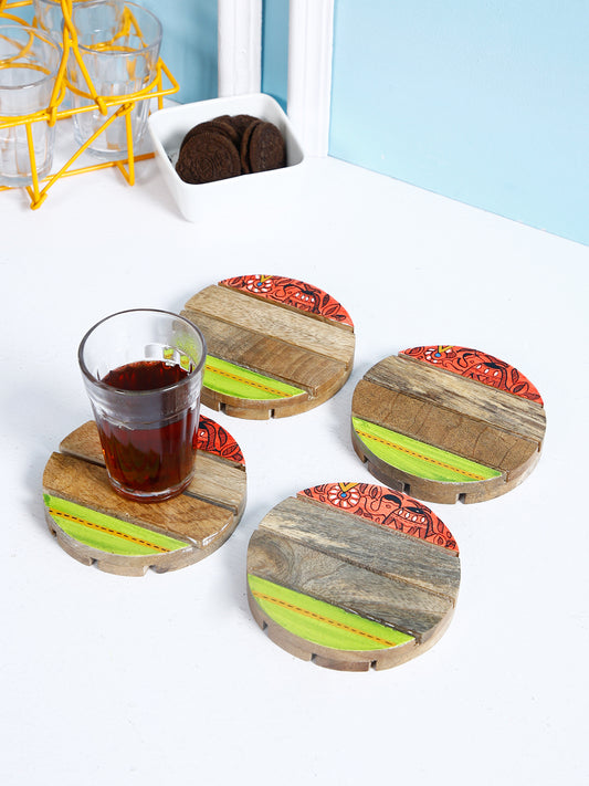 Wooden Round Liner Cut Coaster - Set Of 4