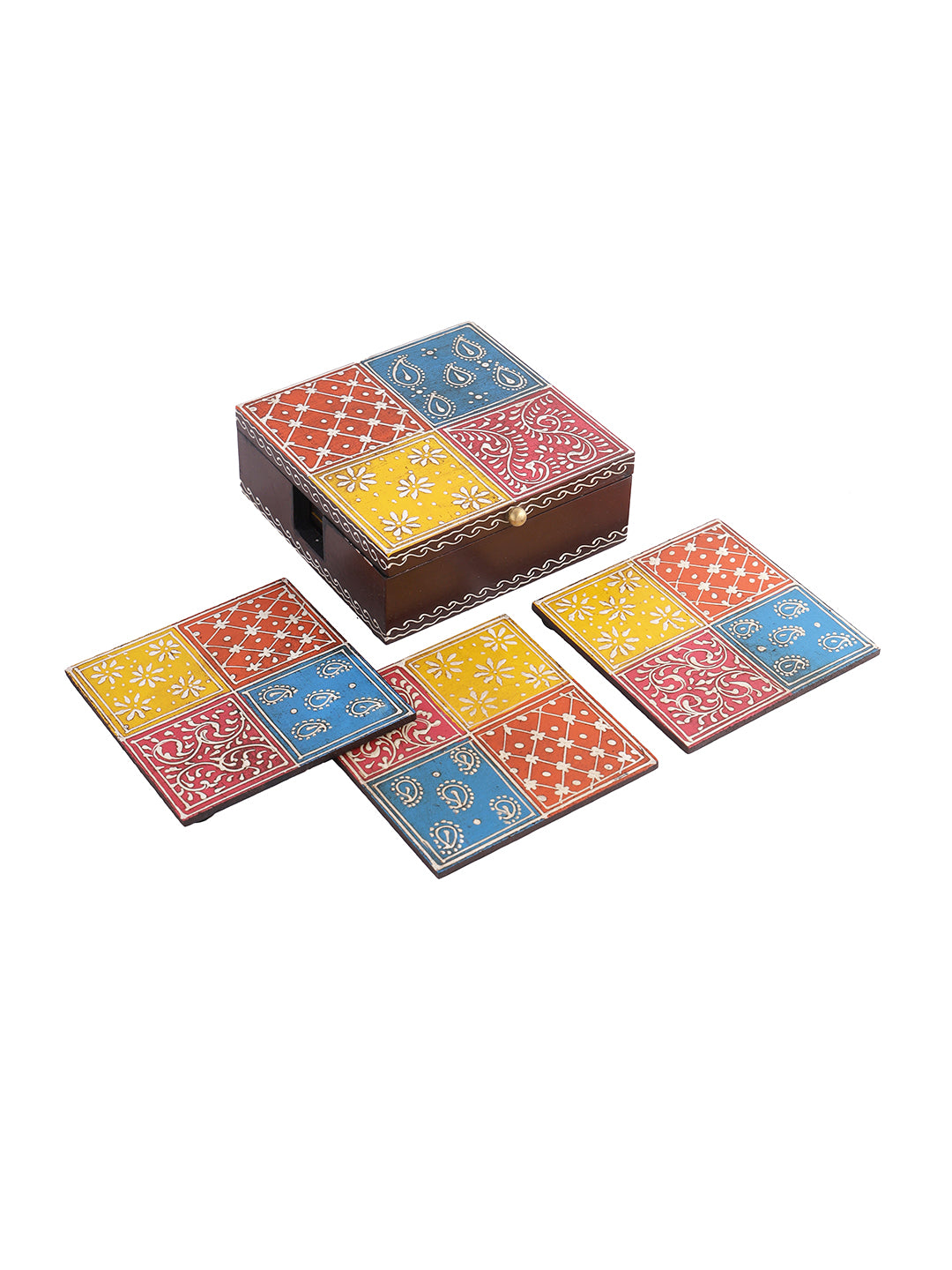 Colorful Handpainted Wooden Tea Coaster with Holder