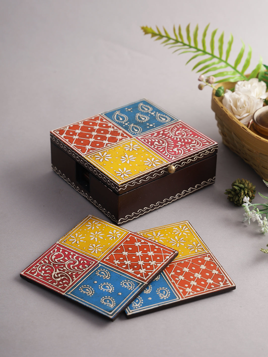 Colorful Handpainted Wooden Tea Coaster with Holder