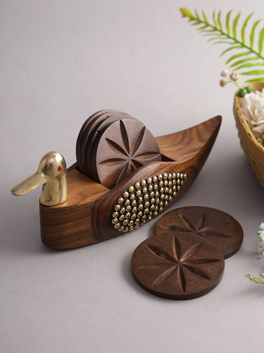 Set of 4 Wooden Coasters with Bird Shape Holder