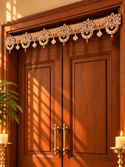 Cream and Gold Floral Toran with Cowrie Shells