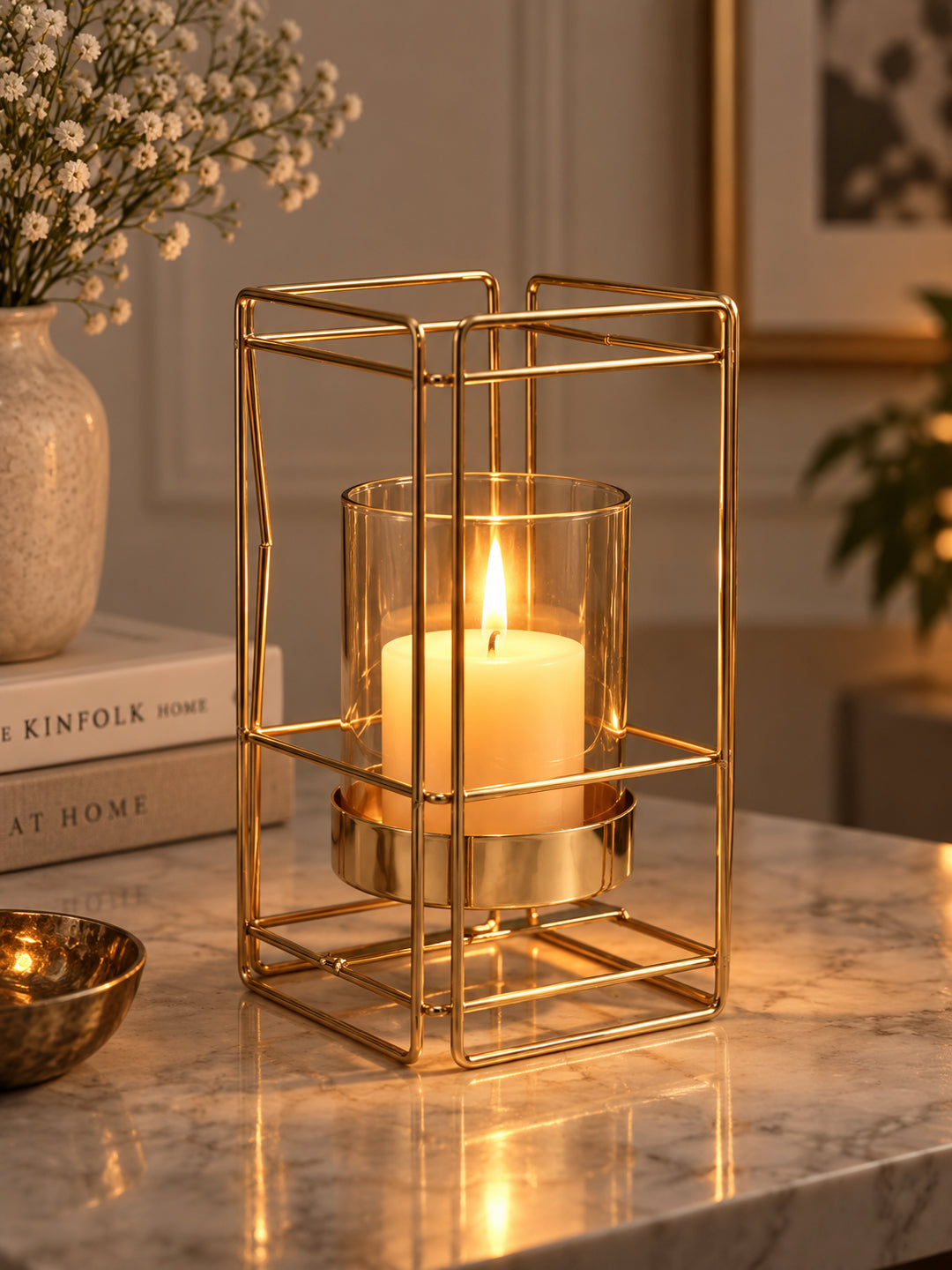 Gold Metal Geometric Glass Candle Holder