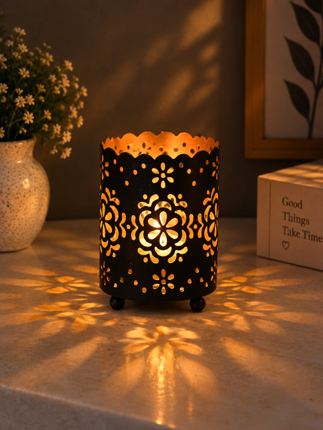 Black Metal Floral Cutout Tealight Candle Holder