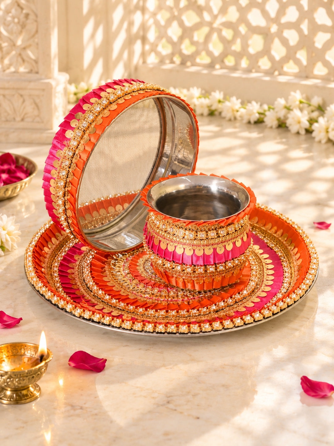 Yellow & Pink Embellished Pooja Thali With Lota & Challni