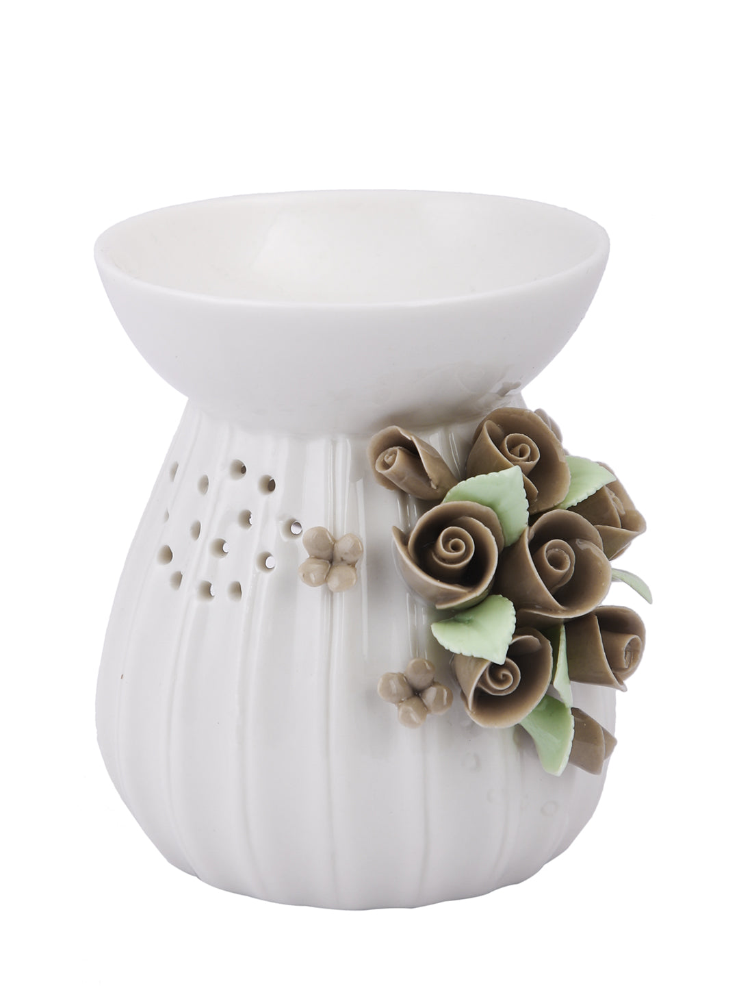Ceramic Rose Bouquet Aroma Oil Burner Ribbed Ivory Luxury Decor