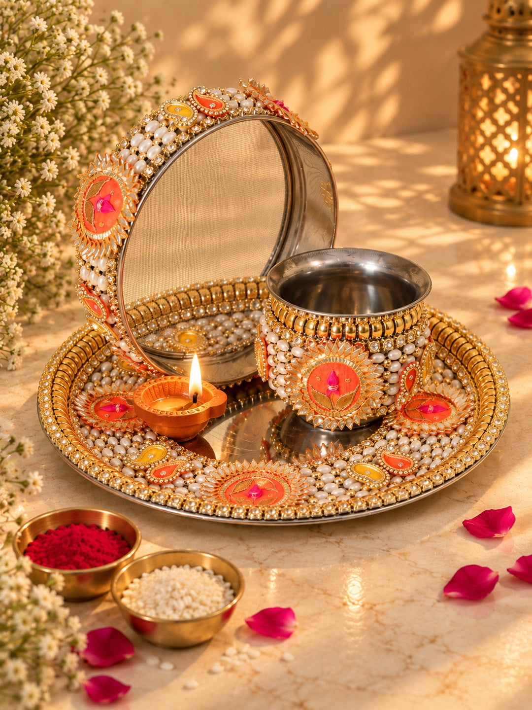 GoldToned & Orange-Colored Embellished Pooja Thali With Lota & Challni