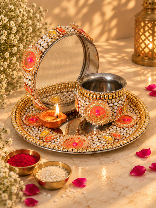 GoldToned & Orange-Colored Embellished Pooja Thali With Lota & Challni