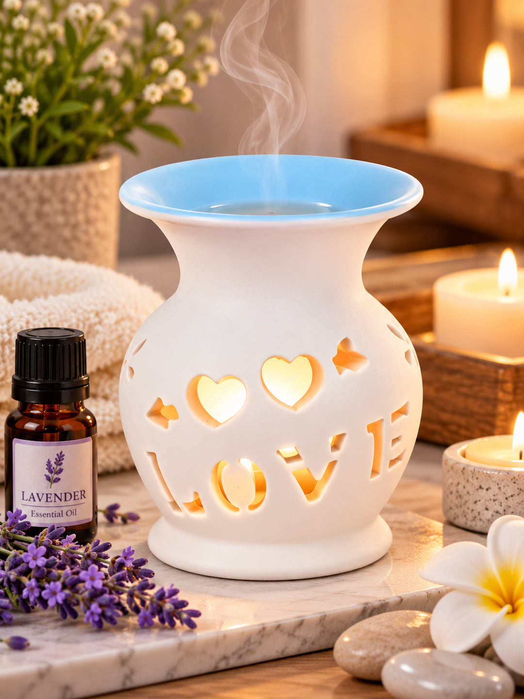 Blue LOVE Cutout Ceramic Oil Burner Aromatherapy Tealight Lamp
