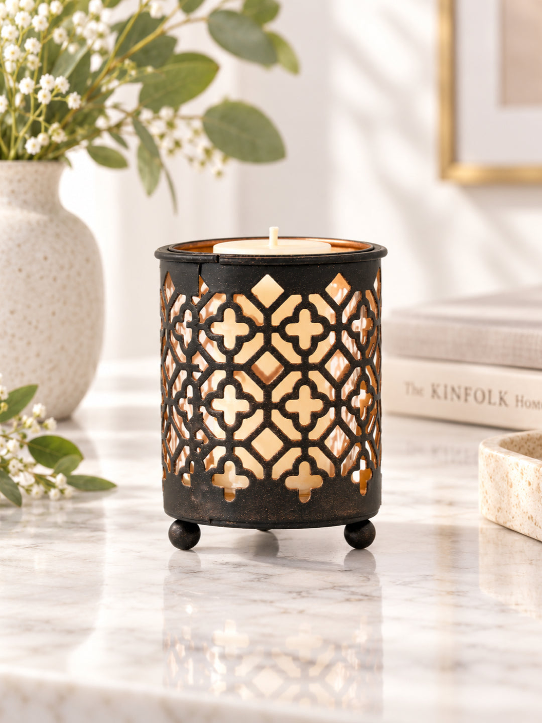 Moroccan Jali Tealight Lantern Black Metal Gold Interior Decor