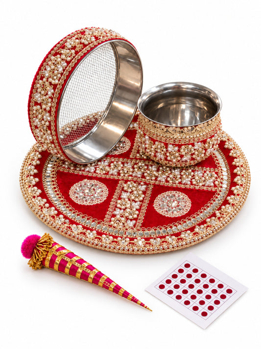 Royal Maroon Embroidered Velvet Karwa Chauth Thali Set