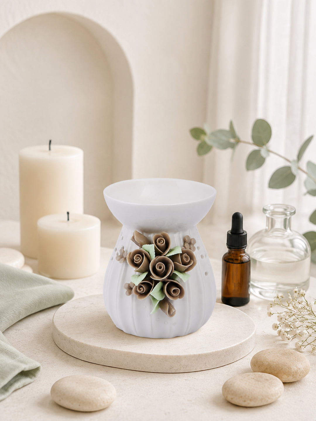 Ceramic Rose Bouquet Aroma Oil Burner Ribbed Ivory Luxury Decor
