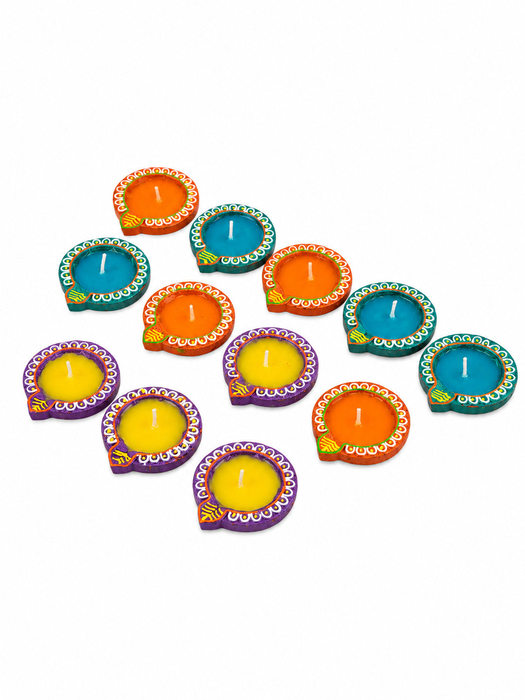 Blue & Purple 12 Pieces Printed Terracotta Wax Diyas