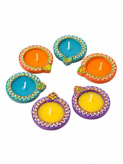 Blue & Purple 6 Pieces Terracotta Diwali Wax Diyas