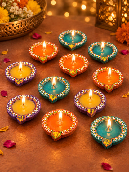 Blue & Purple 12 Pieces Printed Terracotta Wax Diyas