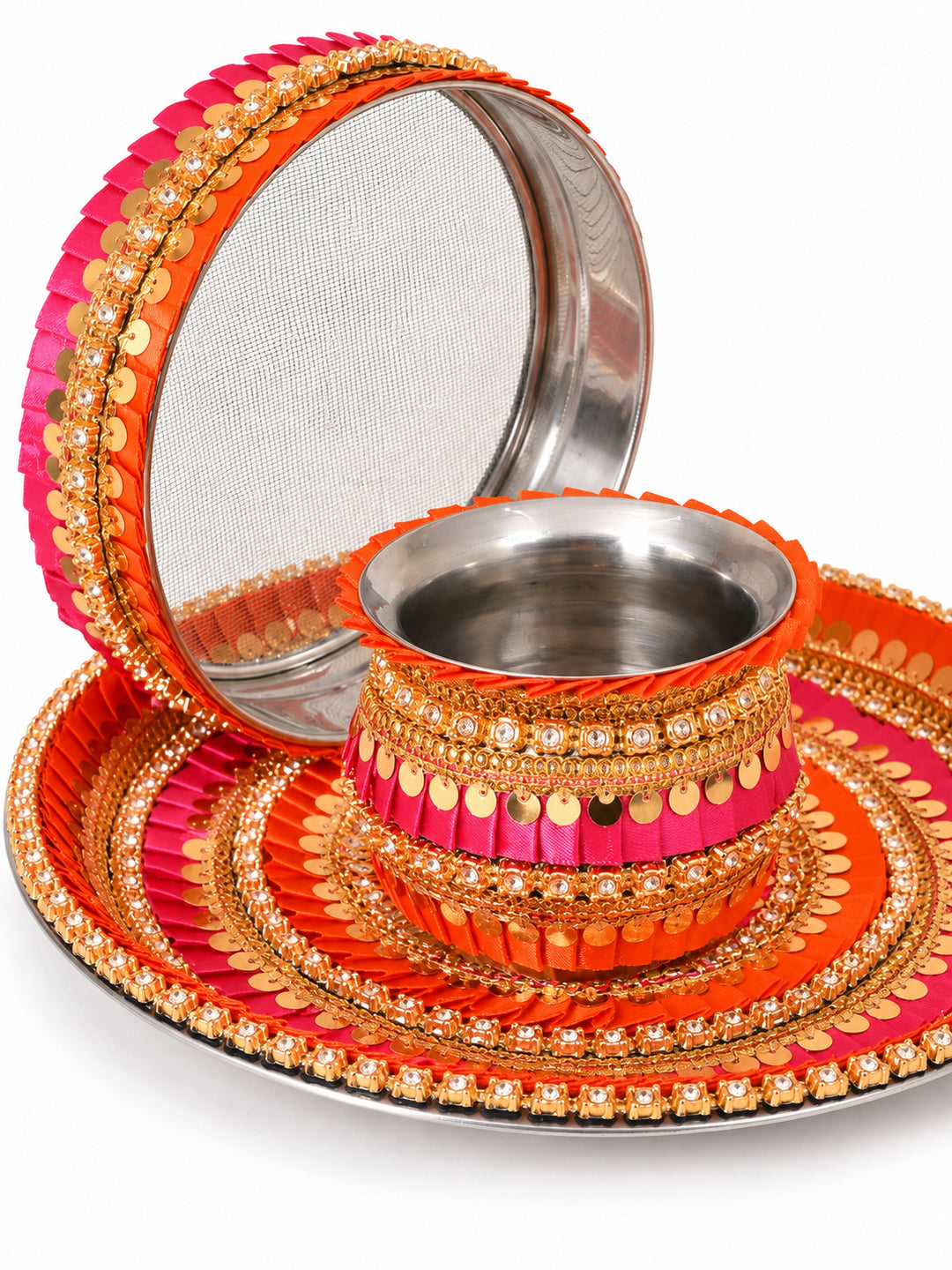 Yellow & Pink Embellished Pooja Thali With Lota & Challni