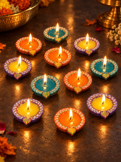 Blue & Purple 12 Pieces Printed Terracotta Wax Diyas