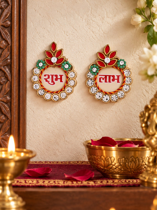 Crystal-Studded Shubh Labh Pair â€“ Elegant Festive Wall Accents