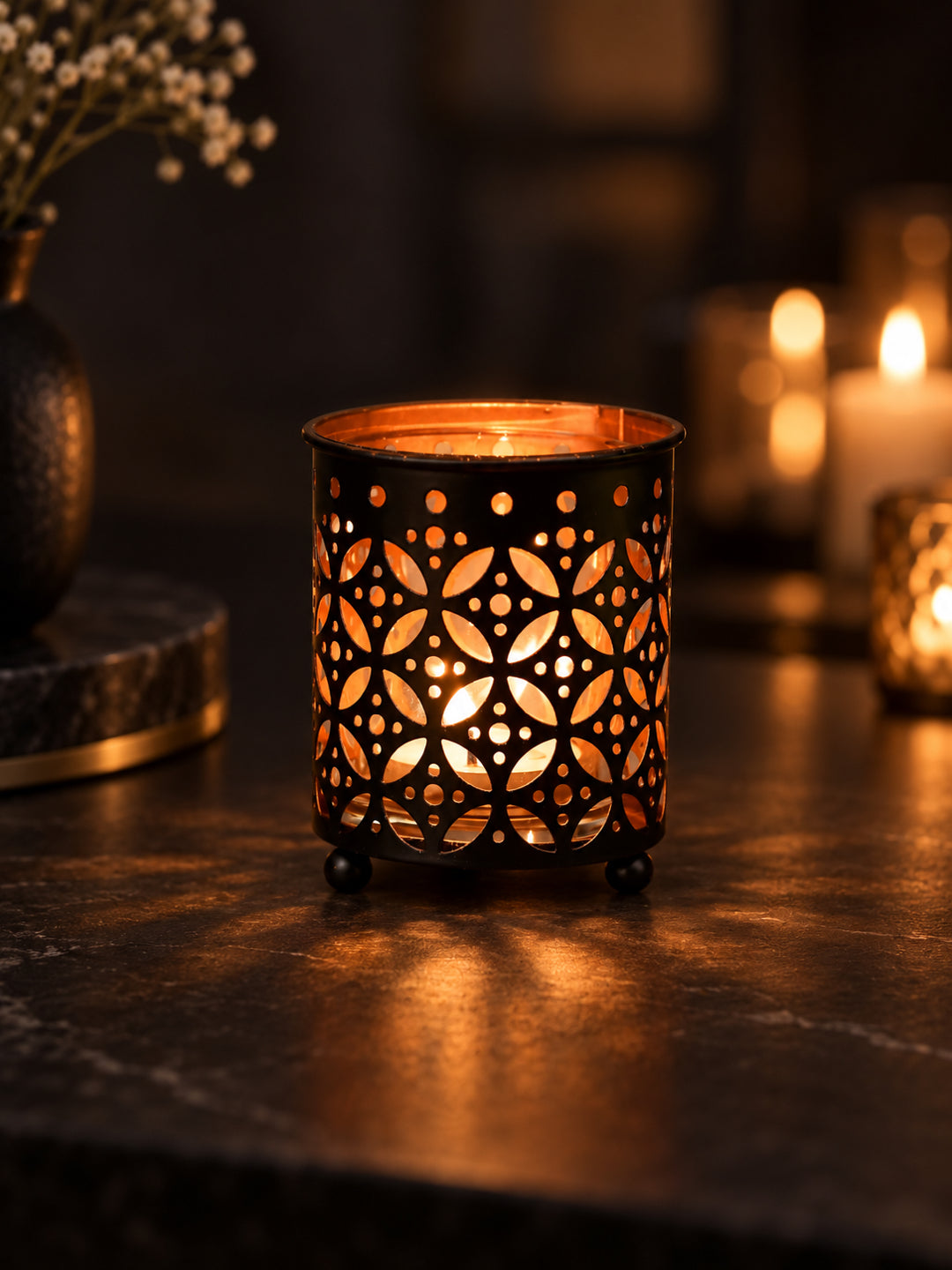 Geometric Dot Pattern Metal Tealight Lantern Black Copper Glow