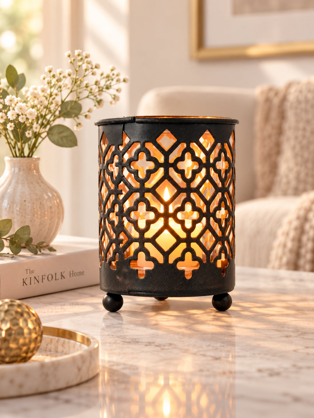 Moroccan Jali Tealight Lantern Black Metal Gold Interior Decor