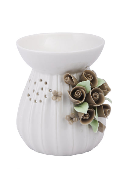 Ivory Ribbed Ceramic Rose Oil Burner Artisan Home Fragrance Decor