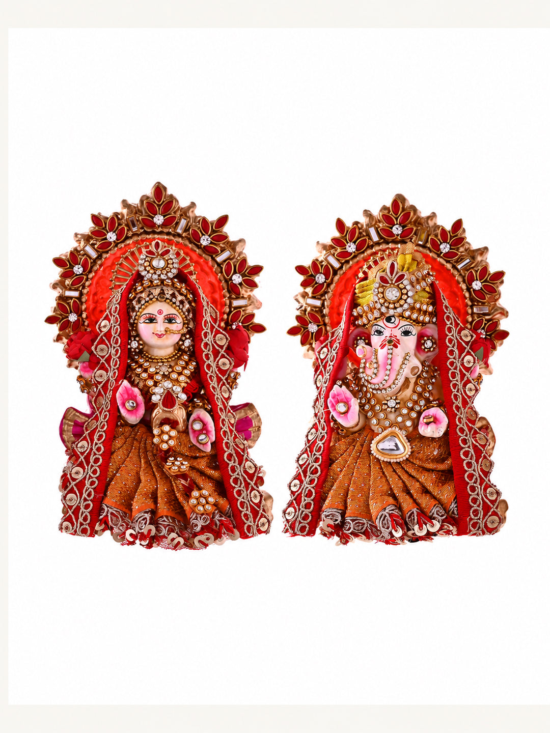 Orange Embellished Lakshmi Ganesh Idol Set