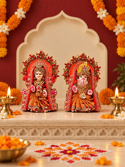 Orange Embellished Lakshmi Ganesh Idol Set