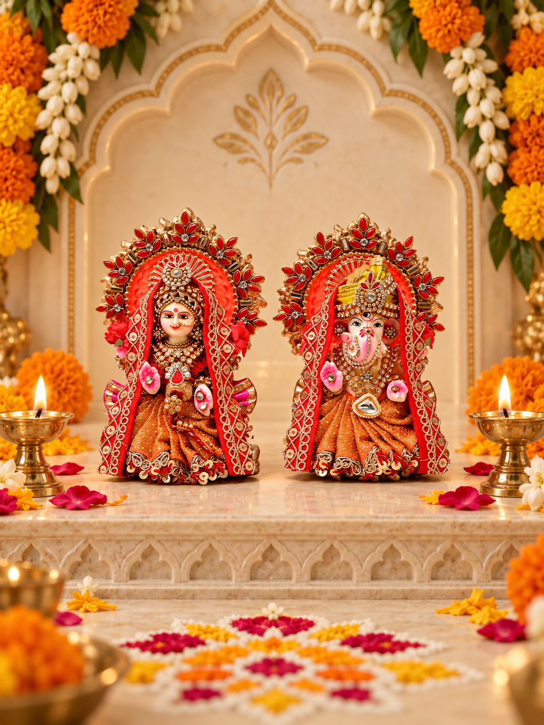 Orange Embellished Lakshmi Ganesh Idol Set