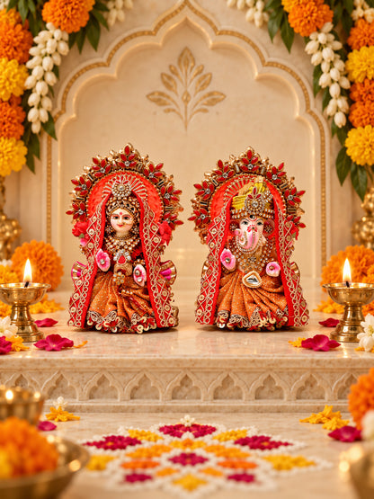 Orange Embellished Lakshmi Ganesh Idol Set