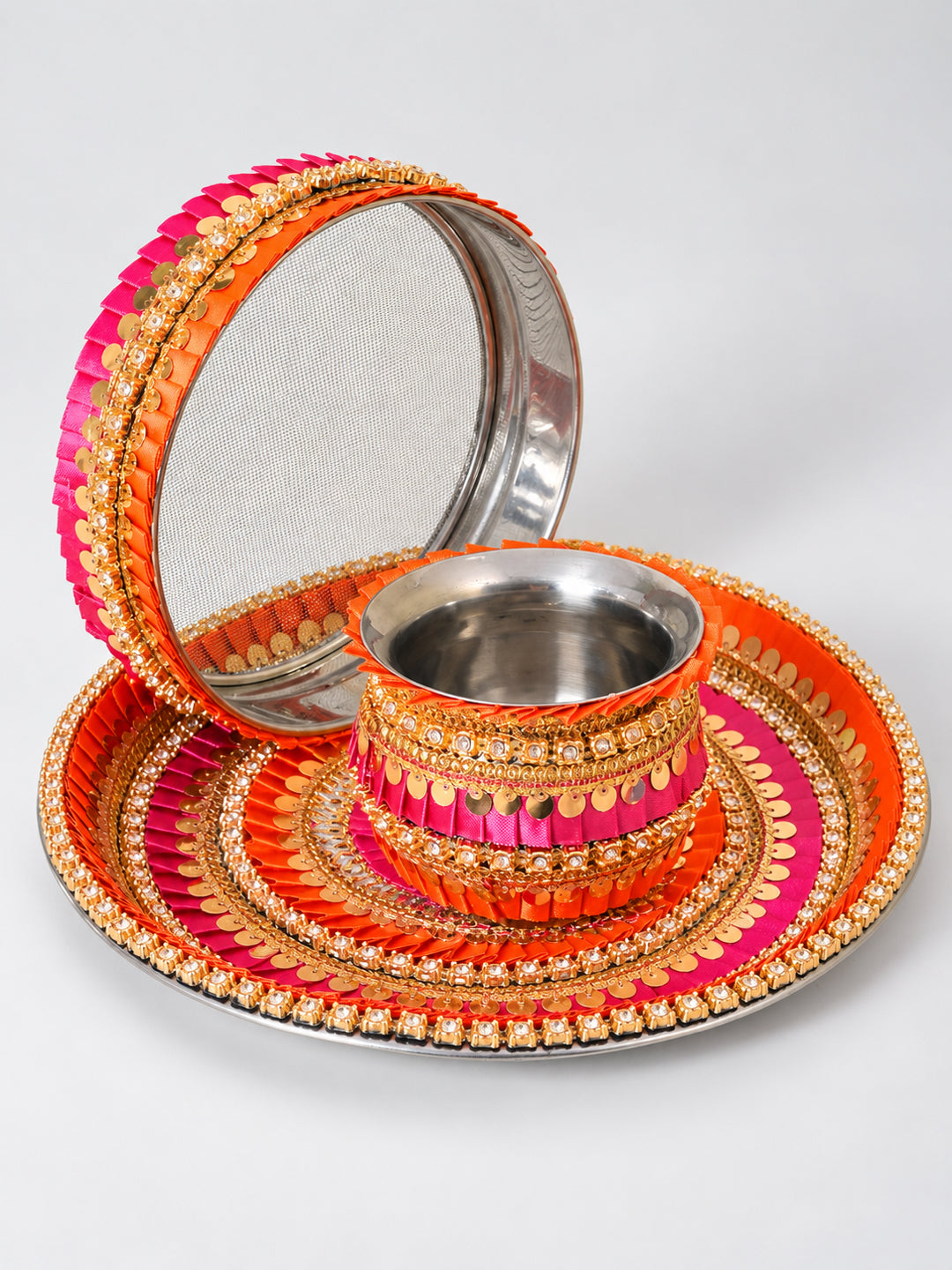 Yellow & Pink Embellished Pooja Thali With Lota & Challni