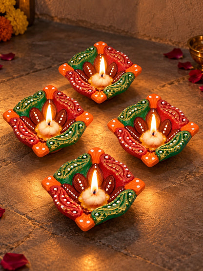 Green & Orange Handpainted Set of 4 Diwali Diya