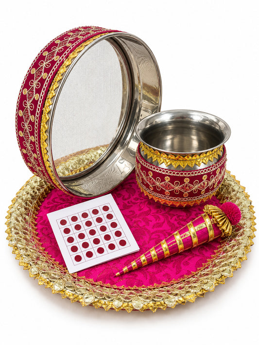 Handcrafted Pink Gota Patti Karwa Chauth Thali Set